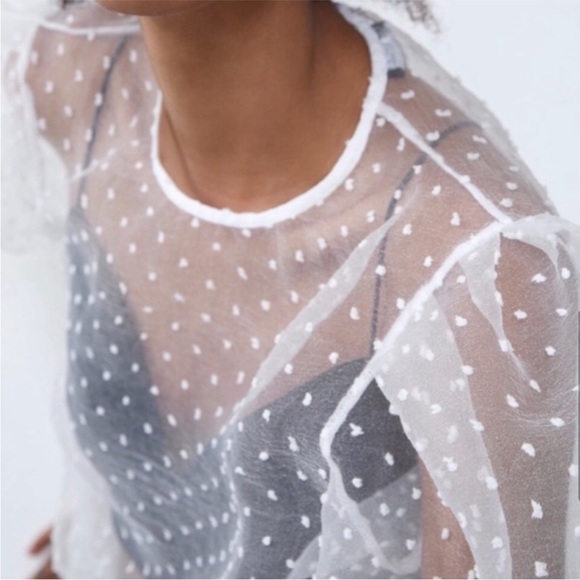 Zara Organza Swiss Dot Puff Sleeve Top - Picture 2 of 3